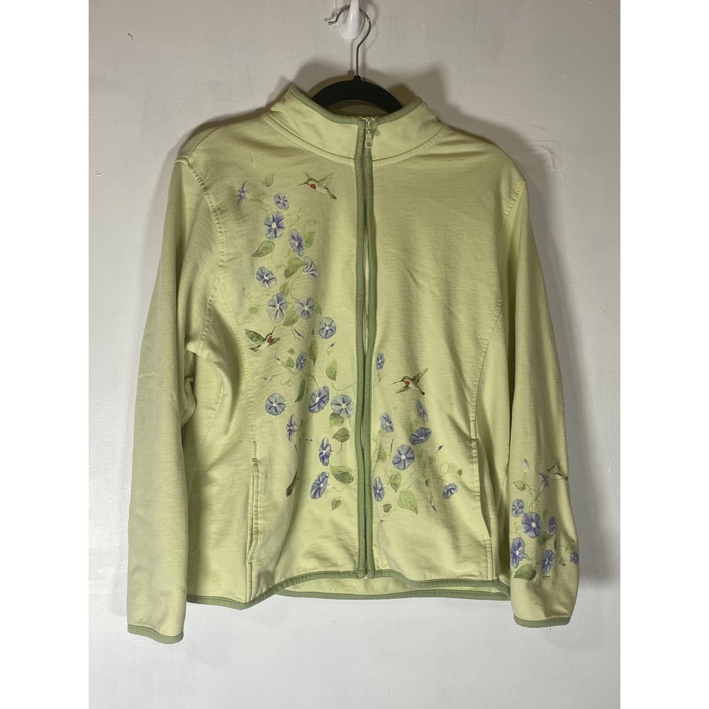 Artisans Hummingbird Floral Zip Up Jacket Cottagecore Garden Party L Grandmacore